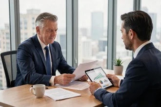 Un homme d'affaires discutant de son contrat d'assurance-vie avec un conseiller financier dans un bureau moderne