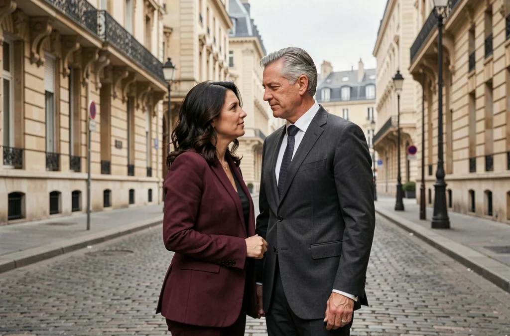 Couple élégant marchant dans une rue parisienne, illustrant une histoire d'amour durable à Paris