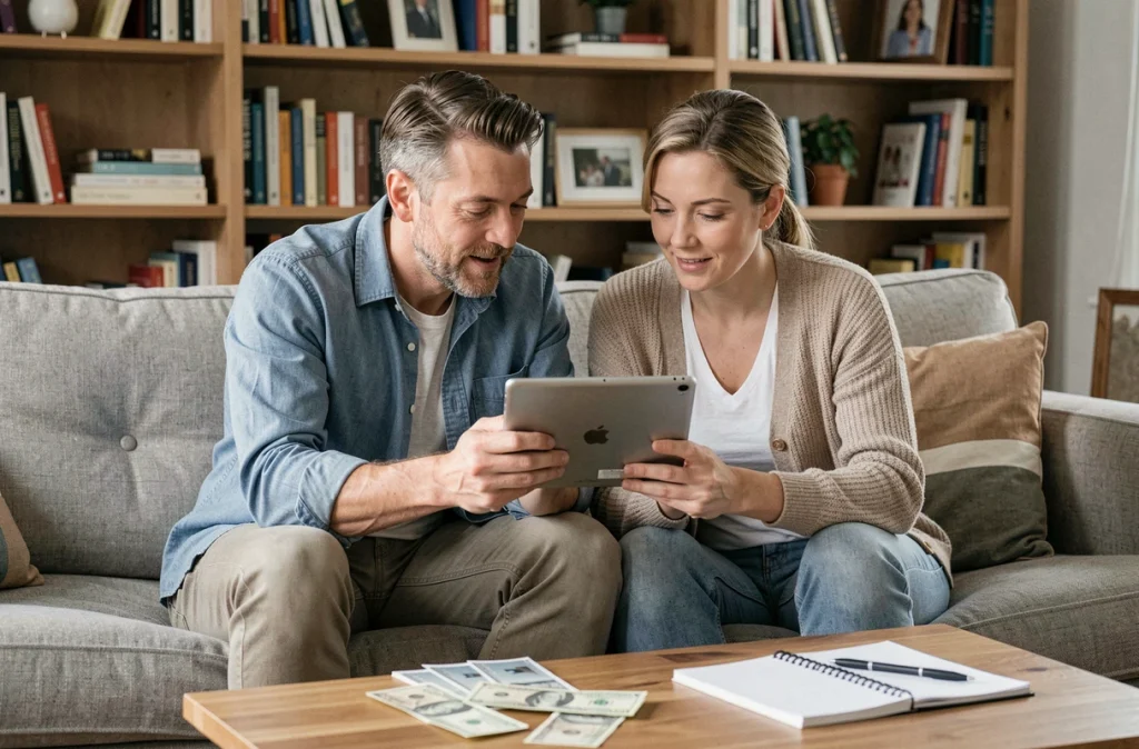 Un couple consultant ensemble une application de gestion budgétaire sur une tablette dans le salon