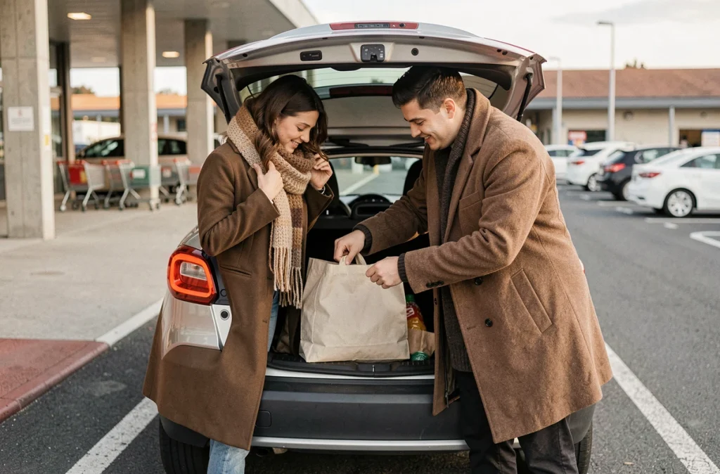 Couple chargeant les courses dans un petit SUV dans un parking de supermarché en banlieue française