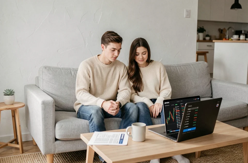 Jeune couple examinant ensemble une interface d'échange de cryptomonnaies sur ordinateur portable dans un salon minimaliste