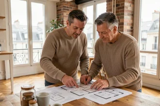 Couple de Français dans la quarantaine étudiant des documents immobiliers sur une table en bois dans un appartement parisien moderne