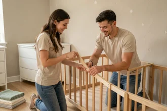 Couple assemblant un lit de bébé en bois dans une chambre de nouveau-né aménagée avec des tons doux et naturels