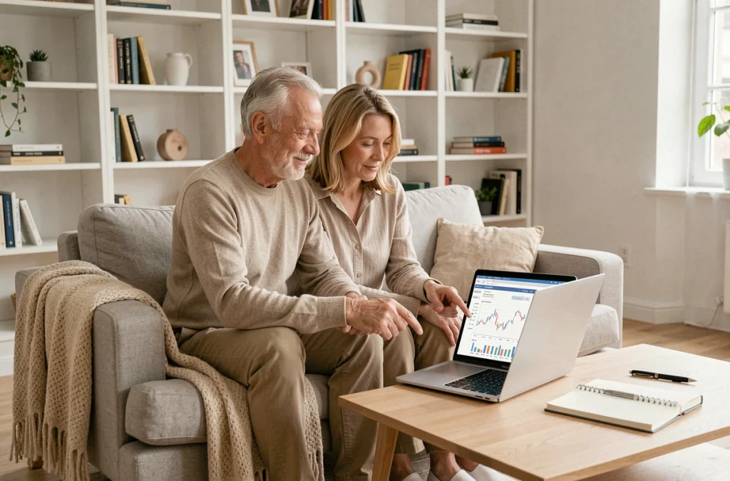 Un couple de seniors planifiant ensemble leur épargne en assurance-vie sur un ordinateur portable à domicile