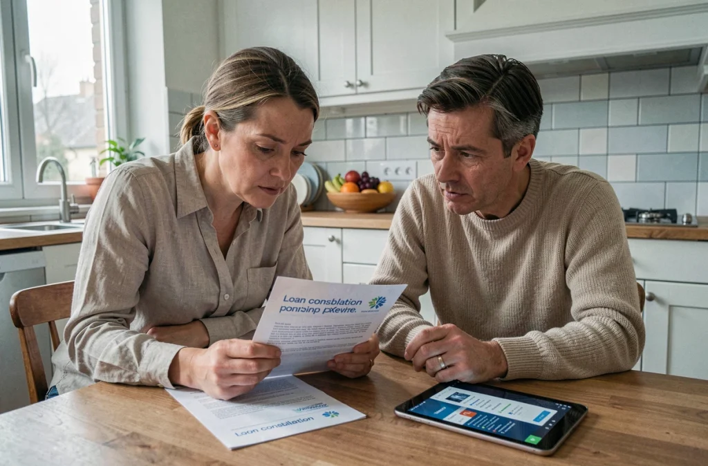 Un couple discute d'un rachat de crédit autour d'une table de cuisine en consultant des documents bancaires et une tablette