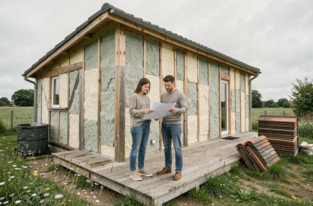 Couple devant une maison en cours de rénovation avec isolation en laine de mouton et bois certifié