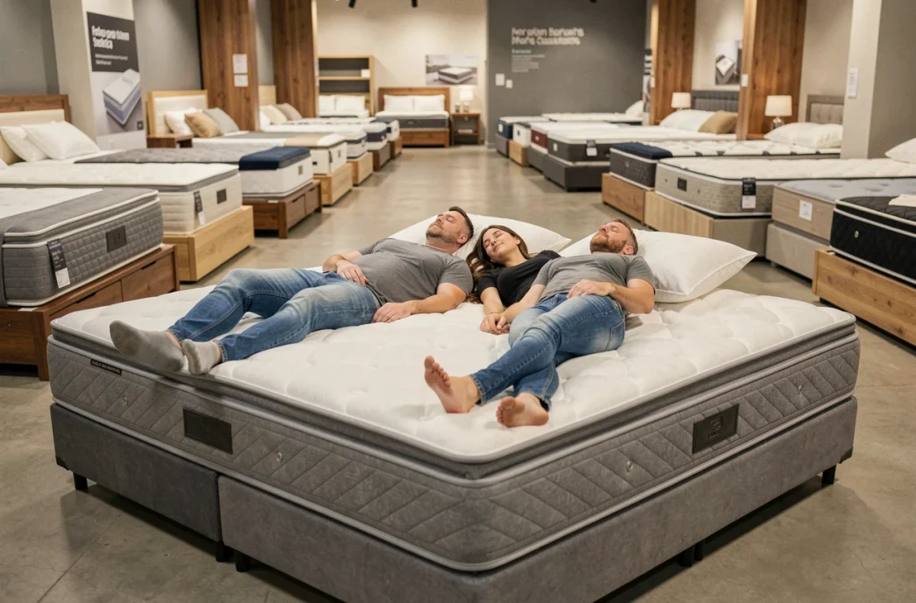 Couple allongé confortablement sur un matelas en magasin spécialisé pour tester son confort