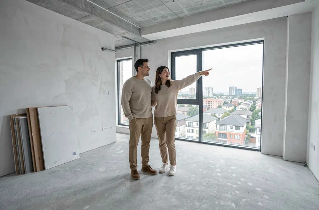 Jeune couple visitant un appartement neuf vide avec vue sur un quartier en développement urbain, symbolisant l'investissement immobilier dans le neuf
