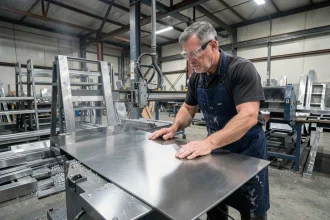 Ouvrier métallurgiste découpant une feuille d'inox sur mesure avec une machine à jet d'eau dans un atelier industriel
