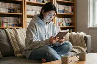 Jeune femme découvrant des webtoons sur une tablette numérique dans un salon cosy