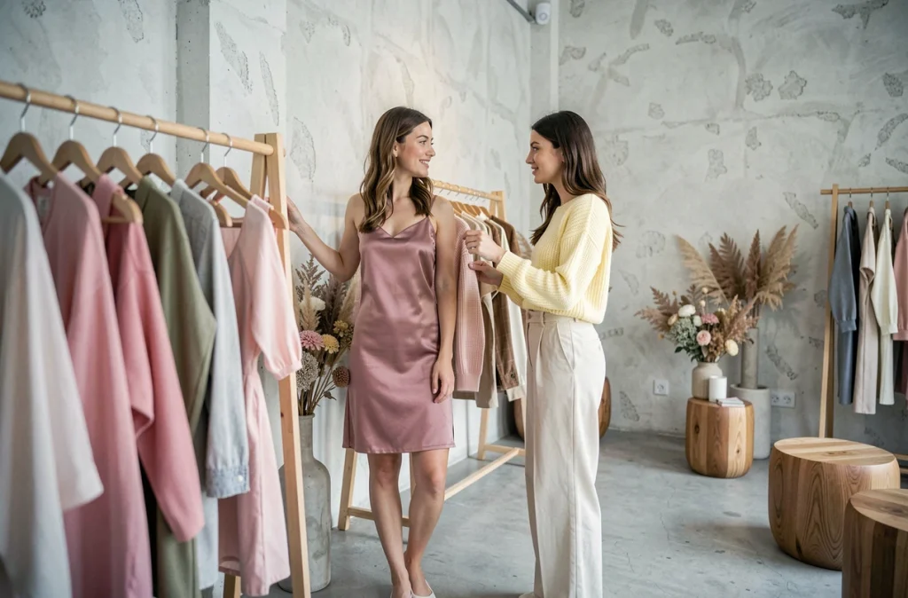 Deux femmes en tenue pastel printemps-été dans une boutique de mode minimaliste, robe rose poudré et ensemble jaune beurre