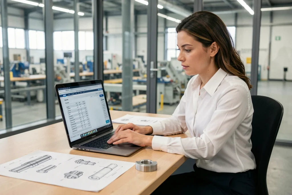 Responsable achats analysant un devis de découpe inox sur mesure avec des plans techniques et un échantillon d'acier inoxydable