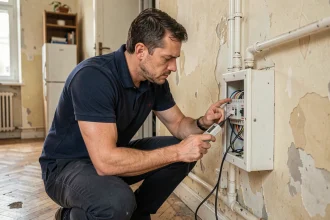 Diagnostiqueur immobilier examinant le tableau électrique d'un appartement lors d'un diagnostic obligatoire avant compromis de vente