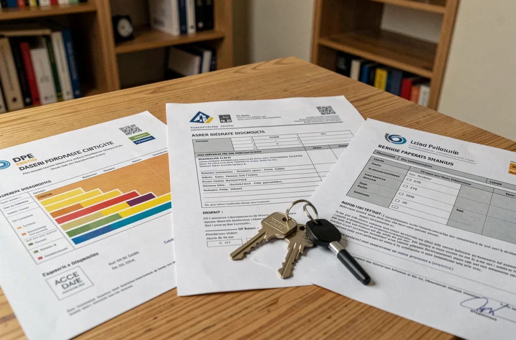 Documents de diagnostics immobiliers obligatoires étalés sur un bureau, dont le DPE et le diagnostic amiante, avant signature d'un compromis de vente