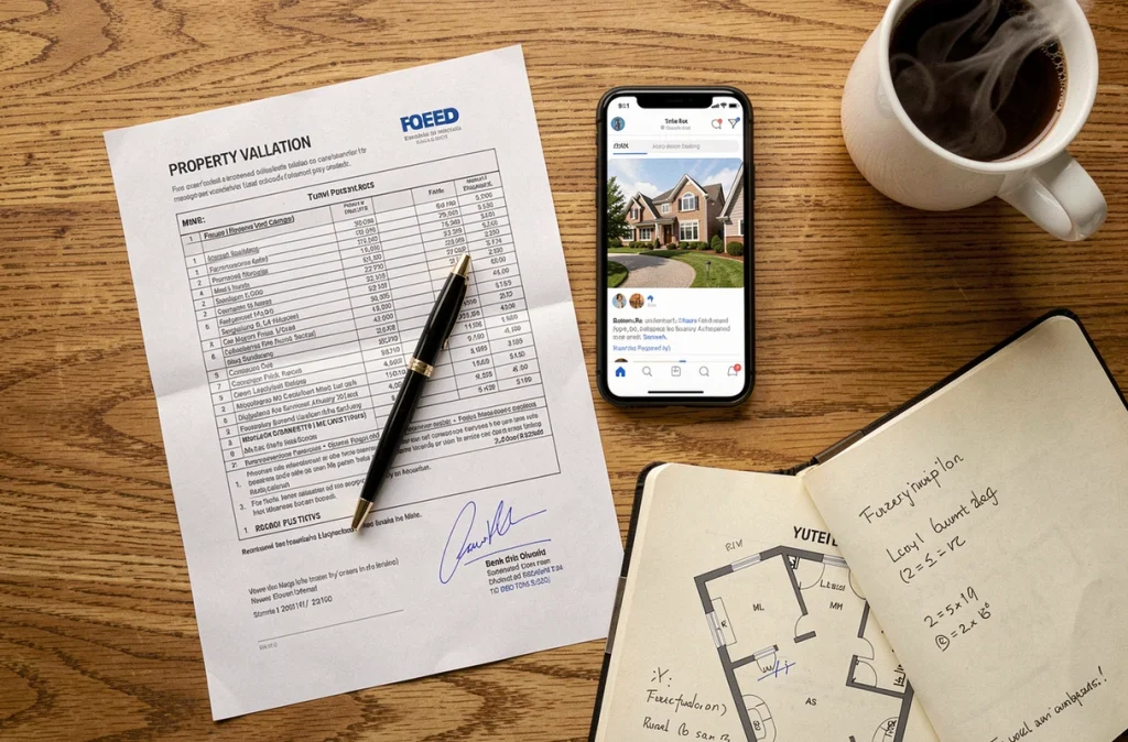 Documents d'estimation immobilière posés sur un bureau en bois avec rapport de valeur et plan de propriété