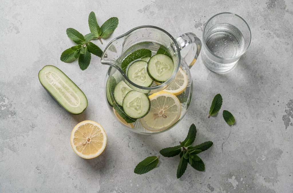 Flat-lay d'un pichet d'eau infusée au concombre, citron et menthe sur béton gris, illustration de boissons hydratantes naturelles et saines