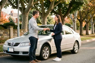 Échange de clés de voiture entre particuliers dans une rue résidentielle calme lors d'une location entre pairs
