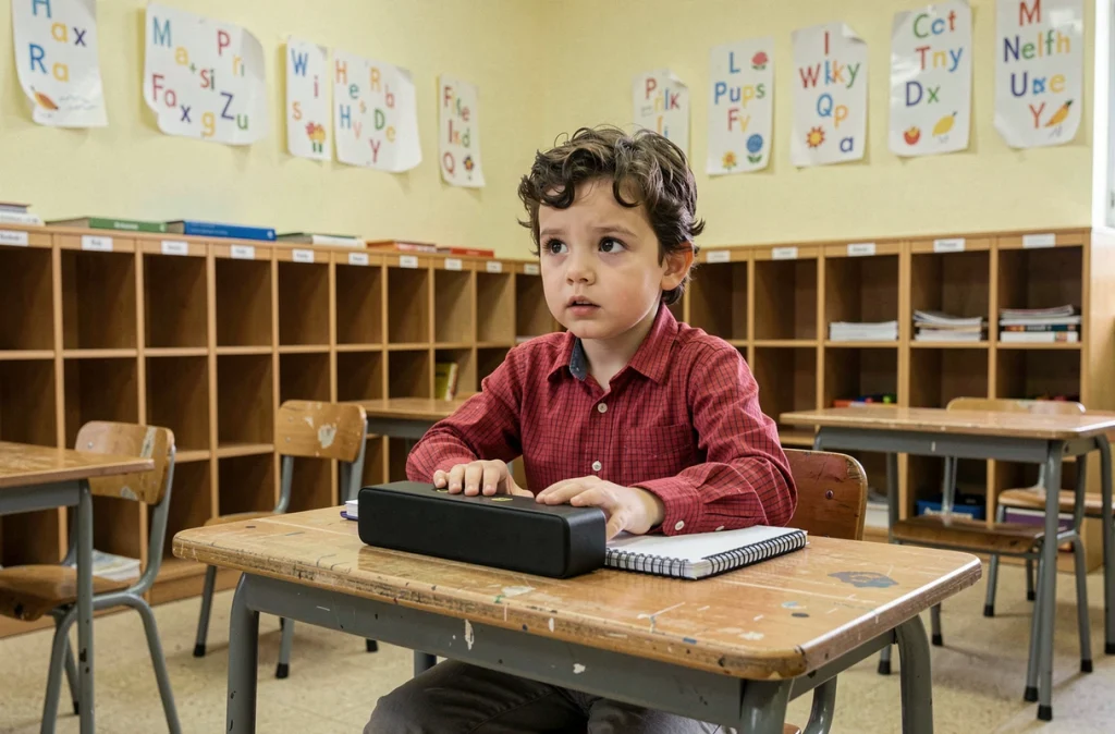 Jeune écolier assis à son bureau lors de sa première journée en classe maternelle