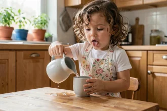 Petite fille de 4 ans versant de l'eau seule dans une cuisine en bois, favorisant l'autonomie et l'apprentissage par l'action