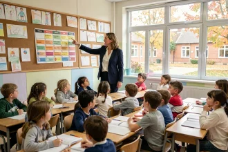 Enseignante présentant un calendrier des journées mondiales à ses élèves dans une salle de classe primaire colorée