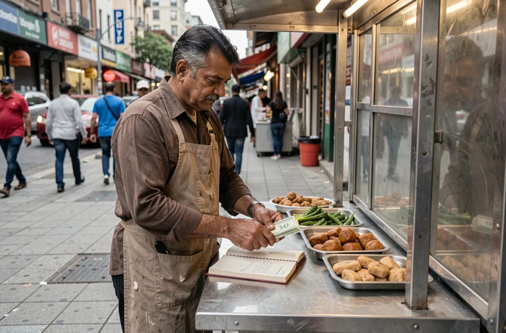 Entrepreneur indépendant gérant sa comptabilité à son stand de nourriture de rue grâce à un microcrédit