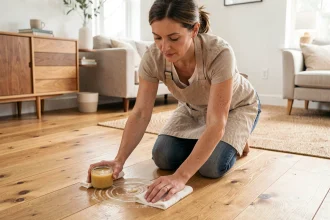 Femme entretenant un parquet en chêne avec de la cire naturelle à l'aide d'un chiffon doux, dans un salon au style scandinave