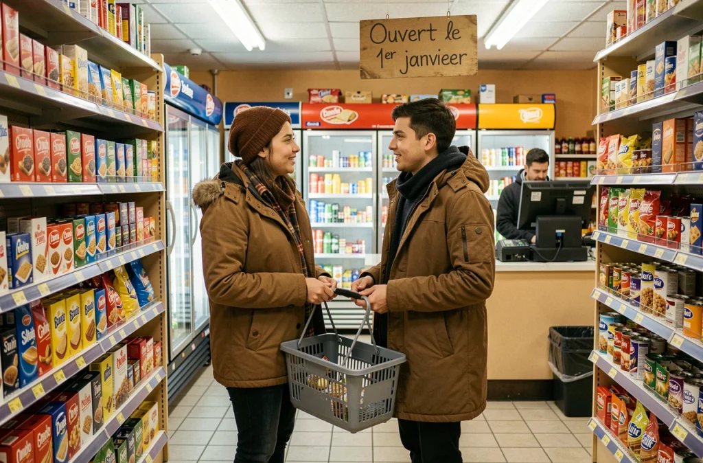 Couple faisant leurs courses dans une épicerie ouverte le 1er janvier en France
