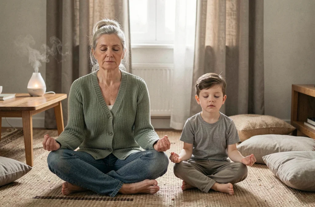 Grand-mère pratiquant un exercice de respiration apaisante avec son petit-enfant avant le coucher, rituel du soir calme