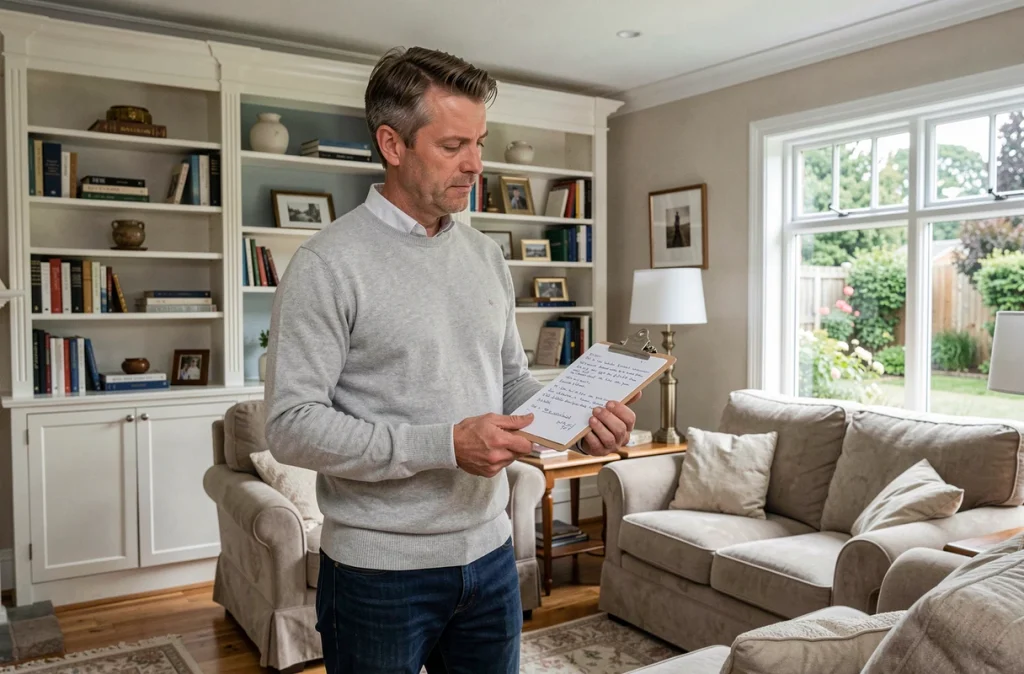 Expert immobilier inspectant l'intérieur d'une maison pour réaliser une estimation précise avant la mise en vente
