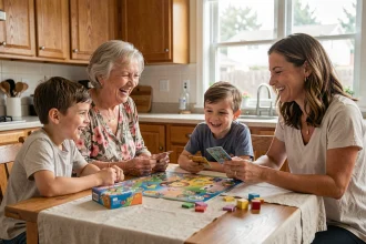 Famille multigénérationnelle jouant à un jeu de société autour d'une table en bois dans une cuisine chaleureuse
