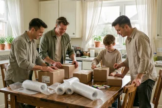 Famille réunie autour d'une table pour emballer et étiqueter des cartons de déménagement dans une cuisine chaleureuse