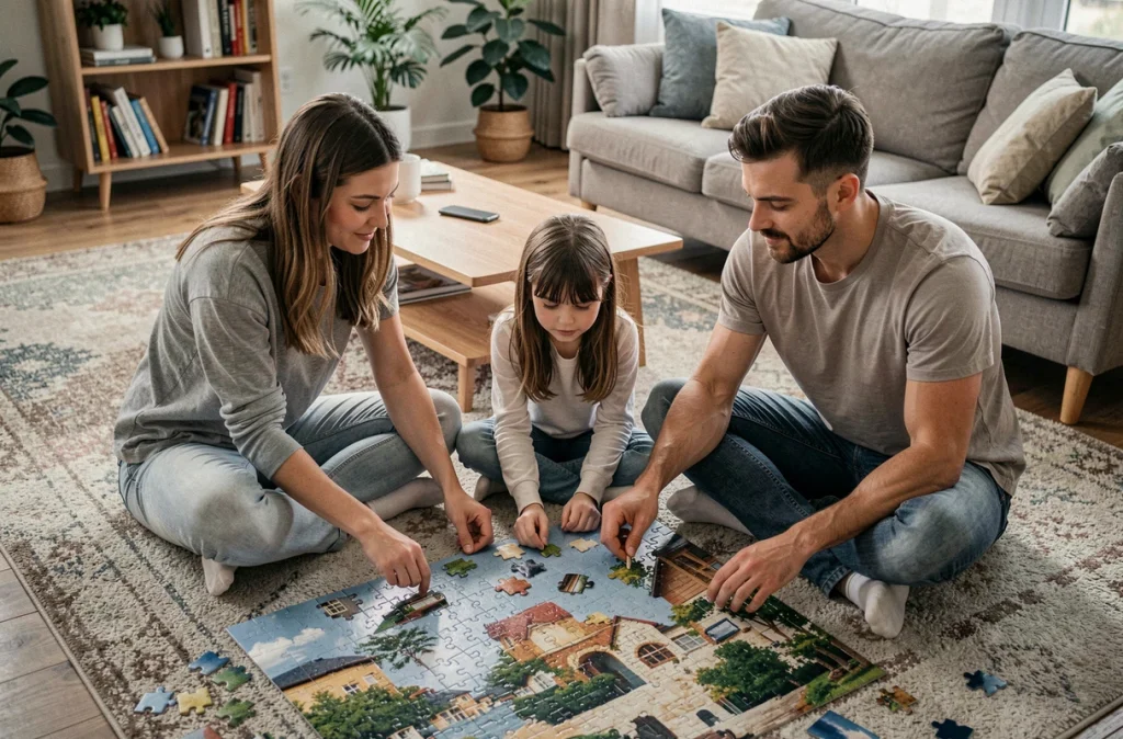 Famille réunie sur un tapis de salon pour assembler un puzzle en bois dans une atmosphère détendue et complice