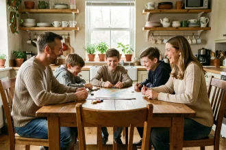 Famille recomposée réunie autour d'une table pour un jeu de société, favorisant la communication et le lien familial