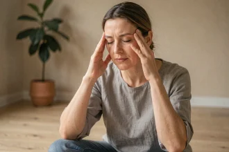 Femme pratiquant l'acupression temporale pour soulager un mal de tête, assise sur un parquet en bois dans un salon minimaliste