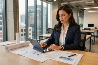 Femme d'affaires analysant des documents de crowdfunding immobilier sur une tablette dans un bureau moderne