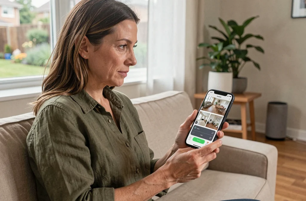 Femme consultant une application de sécurité domotique sur smartphone depuis son salon connecté