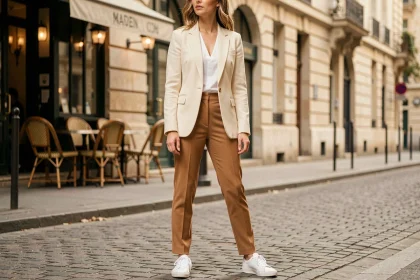 Femme élégante en blazer crème et baskets blanches sur un trottoir parisien pavé