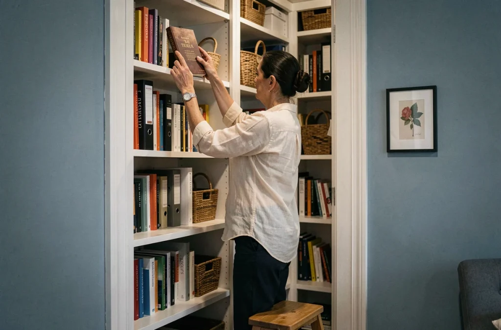 Femme installant des livres sur une grande bibliothèque encastrée blanche autour d'un encadrement de porte dans un bureau à domicile