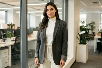 Femme portant un blazer oversize gris anthracite au bureau avec un col roulé blanc et un pantalon crème, look professionnel chic