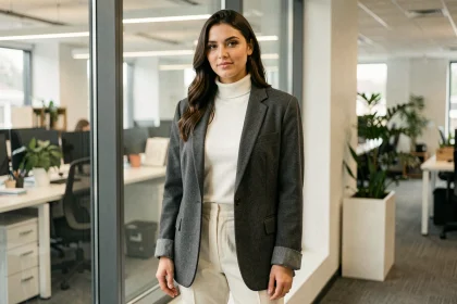 Femme portant un blazer oversize gris anthracite au bureau avec un col roulé blanc et un pantalon crème, look professionnel chic