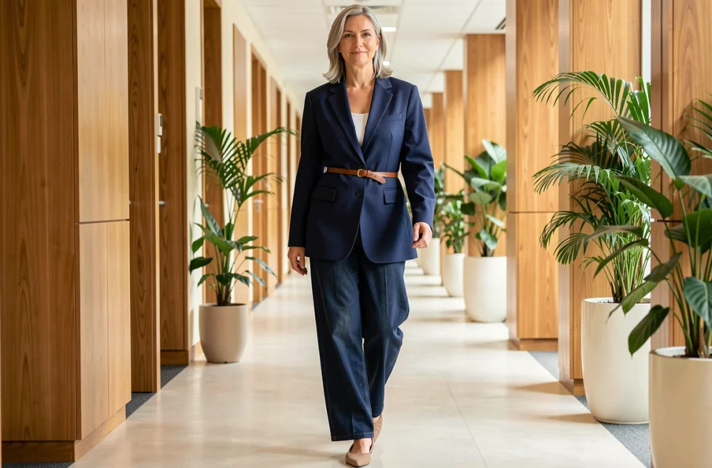 Femme élégante en blazer oversize bleu marine ceinturé marchant dans un couloir de bureau lumineux avec pantalon large