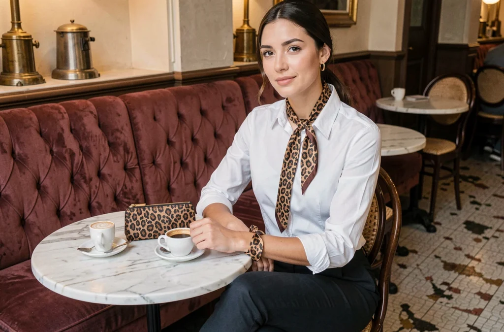 Femme attablée dans un café parisien avec une pochette et un foulard imprimés léopard comme accessoires de mode