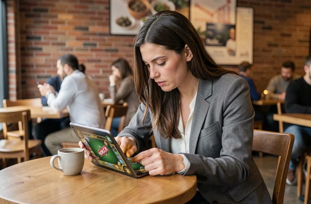 Femme dans un café regardant une tablette avec l'interface d'un jeu de plateau style Monopoly GO en attente d'accès magnat