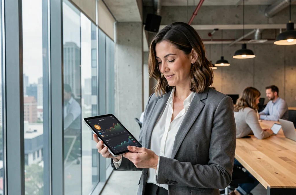 Femme d'affaires consultant un tableau de bord de portefeuille de cryptomonnaies sur tablette dans un espace de coworking moderne