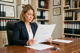 Femme lisant un document de copropriété chez un notaire avant l'achat d'un bien immobilier