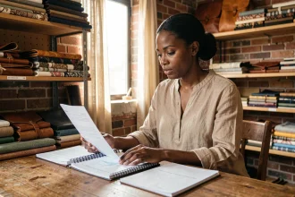 Femme entrepreneur africaine consultant son plan d'affaires dans son atelier artisanal financé par microcrédit