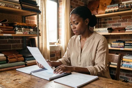 Femme entrepreneur africaine consultant son plan d'affaires dans son atelier artisanal financé par microcrédit