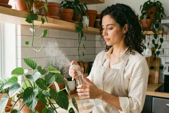 Femme entretenant un pothos luxuriant dans une cuisine moderne avec des étagères en bois et des pots en terre cuite
