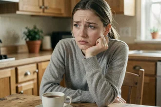 Jeune femme fatiguée au teint pâle assise dans une cuisine, signe potentiel de manque de fer