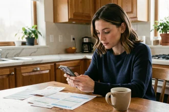 Une femme gérant le budget familial sur une application mobile à la table de cuisine